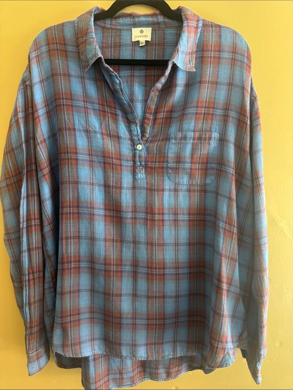 Sundry Plaid Cotton Henley / Popover Shirt (in Blue/Rust Plaid, Size 3 / Large)